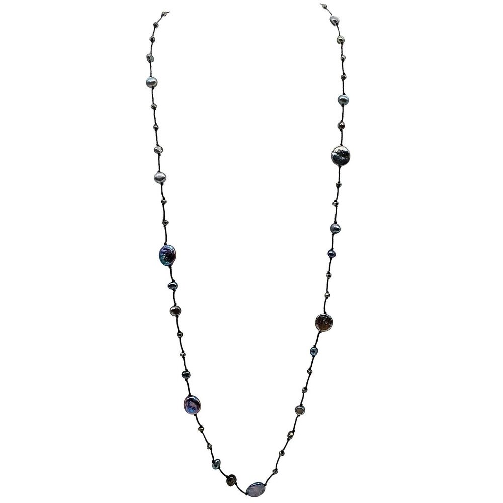 Freshwater Pearl and Black Cord Necklace with Silver Clasp, Vintage Classy J Jil